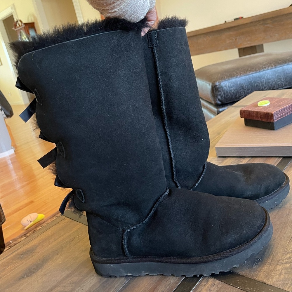 UGG Women's Black Tall Suede Boots with Back Bow Detail - Picture 3 of 14